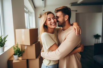 Young happy married couple in their new home after moving in. Unpacking boxes after moving into a new apartment. New homeowners. Mortgage. Rental of property. - obrazy, fototapety, plakaty