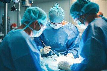 Photo of surgeons performing a complex surgery in a modern operating room. A group of surgeons performing surgery on a patient. - obrazy, fototapety, plakaty