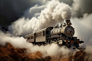 A painting of a train on a train track. The locomotive moves among the mountains and beautiful nature along the rails. Smoke from the chimney of a retro train. - obrazy, fototapety, plakaty