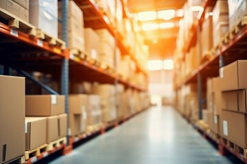 A large warehouse filled with neatly stacked boxes. Selective focus. Large space for storing and moving goods. Logistics. Trade in the modern world. - obrazy, fototapety, plakaty