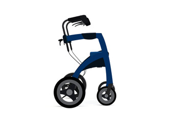 Vector illustration of side view of four wheel foldable rollator walker for elderly persons on light green background. 
