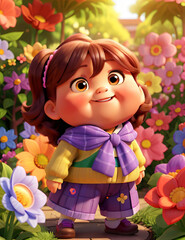 3D Chubby Girl in Sunlit Meadow Colorful Flowers and Natural Beauty. Generative ai
