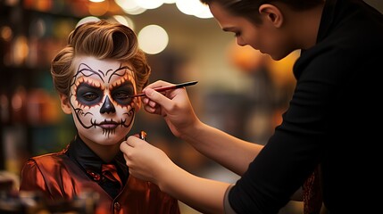 kids putting on generic halloween costumes and applying makeup with help from parents is a halloween pumpkin place to start ai generated  - obrazy, fototapety, plakaty