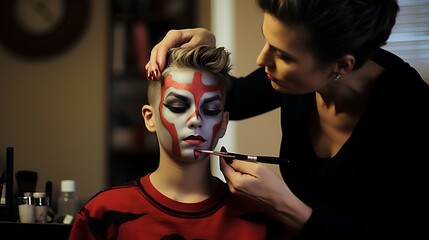 kids putting on generic halloween costumes and applying makeup with help from parents is a halloween pumpkin place to start ai generated  - obrazy, fototapety, plakaty