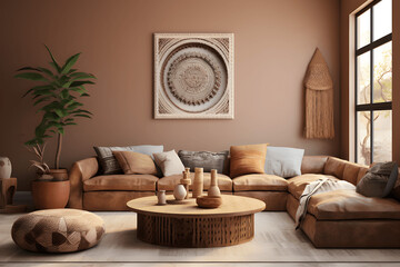 Interior of house with ethnic boho decor, living room in warm brown tones, 3d render.