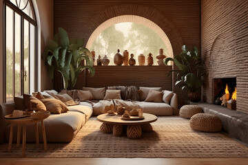 Interior of house with ethnic boho decor, living room in warm brown tones, 3d render.