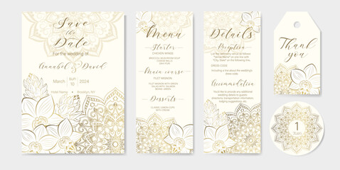 Set of five wedding cards. Elegant holiday invitations and cards with mandala background with golden outlines of tropical orchids and exotic flowers.