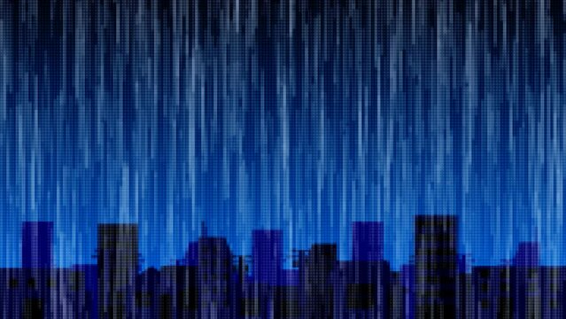 ゲームのドット絵風　豪雨に襲われる都市のアニメーション【月なし深夜バージョン】