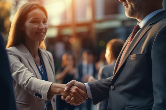 Business people shaking hands outside in evening sun. A young woman and a business man close a deal in front of an audience. Feminine empowerment concept.