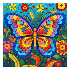 Colouring page for kids, a vibrant butterfly fluttering among colourful flowers AI Generated