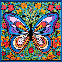 Colouring page for kids, a vibrant butterfly fluttering among colourful flowers AI Generated