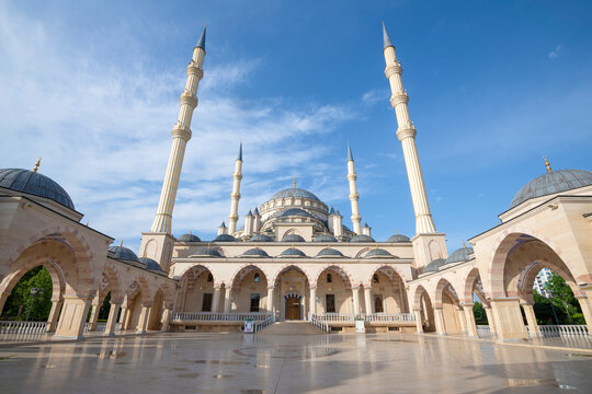 Sunny June morning at the entrance to the "Heart of Chechnya" mosque. Grozny, Chechnya. Russian Federation