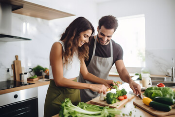Young couple in love enjoying cooking food in their kitchen together at home