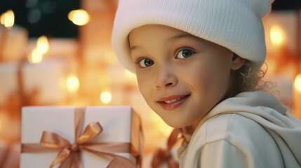 A little girl in a white hat holding a present