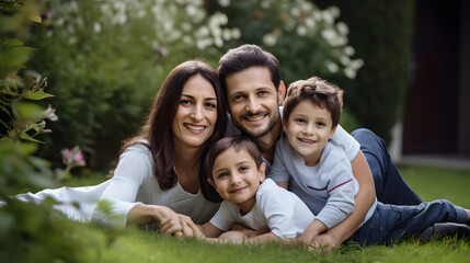 Fototapeta premium Portrait of a smiling family relaxing in the backyard of a house, Happy young family lying on grass