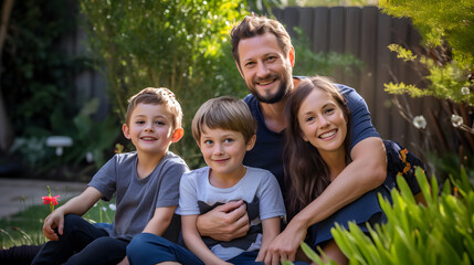 Portrait of a smiling family relaxing in the backyard of a house, Happy family spending time together in the garden at home