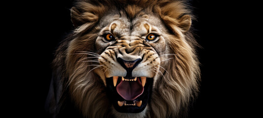 lion action face is angry and shows its fangs on a black background - obrazy, fototapety, plakaty