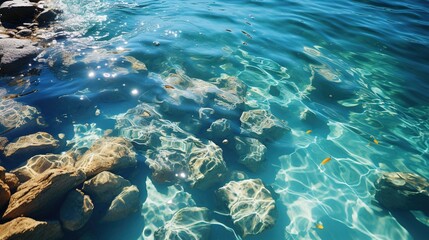 Fototapeta premium a body of water with rocks in it and a boat in the background. generative ai