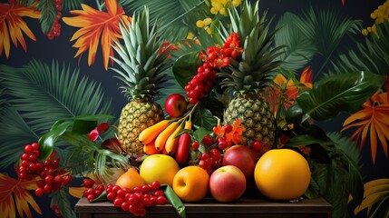 a bunch of fruit sitting on top of a wooden table.  generative ai