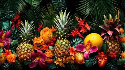  a group of pineapples, oranges, and other tropical flowers.  generative ai