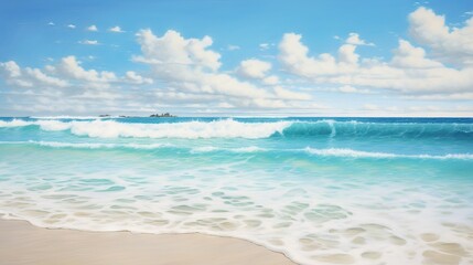  a painting of a beach with waves crashing on the shore.  generative ai