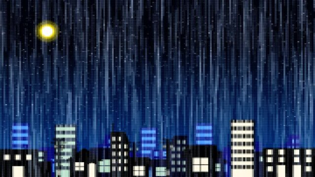 ゲームのドット絵風　豪雨に襲われる都市のアニメーション【月あり夜バージョン】