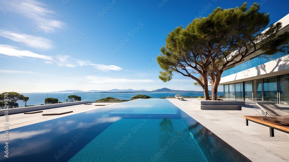 Poster a large swimming pool next to a tree and a building. generative ai