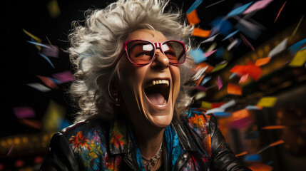 Exuberant elderly woman with curly hair ecstatically dances, showing off her loyalty card against a vibrant studio background. A delightful display of joy, customer reward and energy.