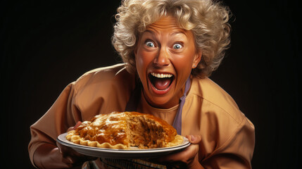 Endearing flustered mom in apricot apron, sheepishly grinning with guilt, holding pie with missing slice against plain backdrop, a comical Thanksgiving fail.