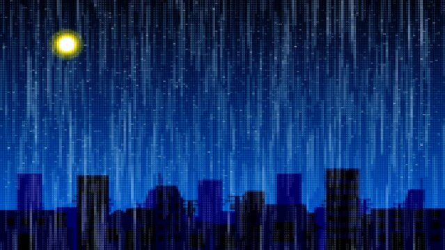ゲームのドット絵風　豪雨に襲われる都市のアニメーション【月あり深夜バージョン】