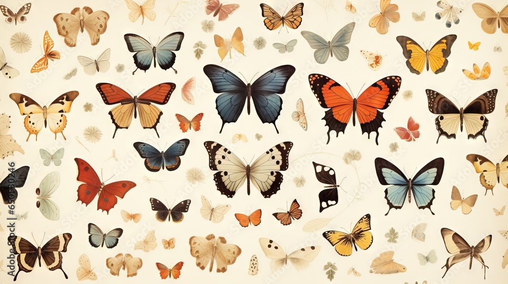 Poster a group of butterflies on a white background with many different colors. generative ai