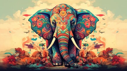  an elephant with a colorful pattern on its body and tusks.  generative ai
