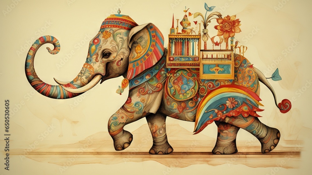 Aufkleber a painting of an elephant with a carousel on its back. generative ai