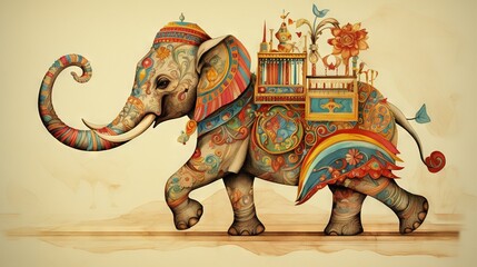  a painting of an elephant with a carousel on its back.  generative ai