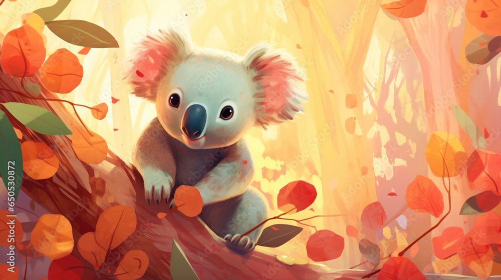 Poster a painting of a koala sitting on a tree branch. generative ai