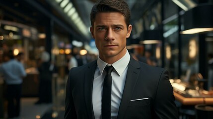 Handsome male businessman in a classic suit with a tie in the office. White collar office worker concept