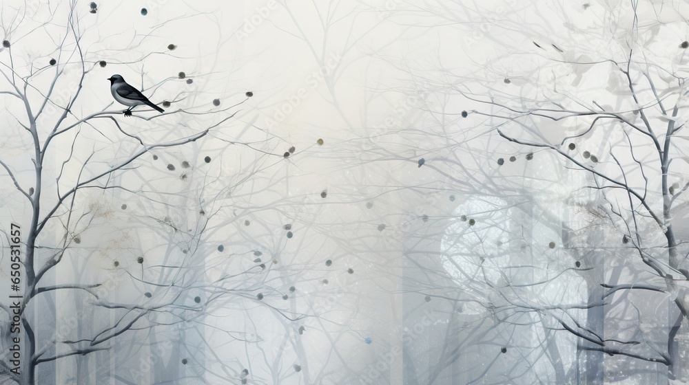 Poster a painting of a bird perched on a tree branch in a foggy forest. generative ai