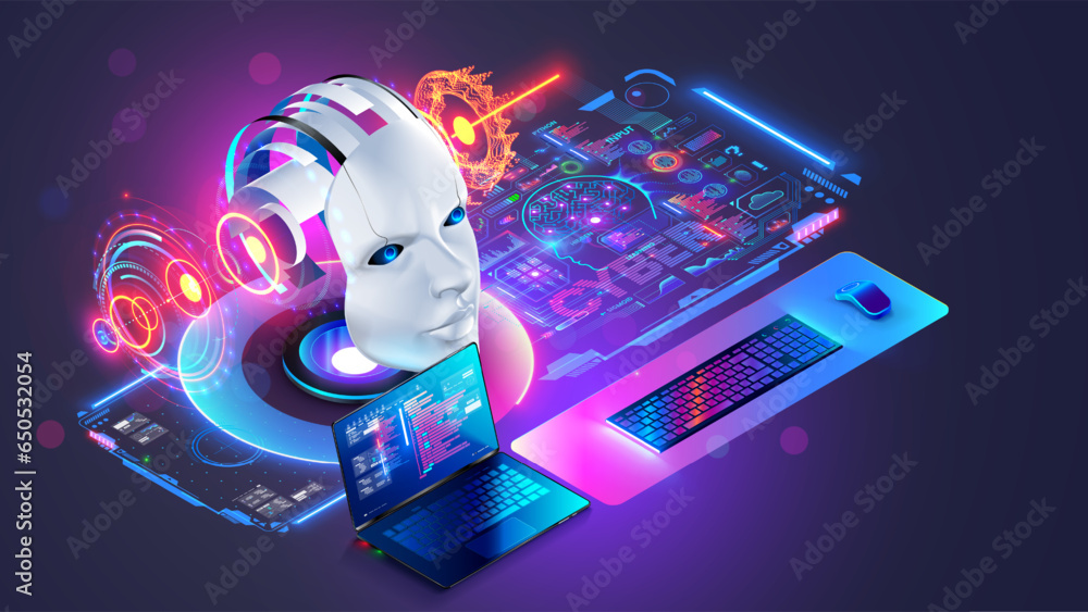Poster AI software development concept. Artificial Intelligence in image Robot head on desk of engineer. Programming, learning Artificial neural networks. Futuristic computer interface of configurations AI.