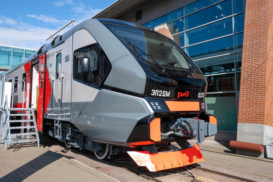 SAINT PETERSBURG, RUSSIA - AUGUST 27, 2023: The head part of the newest Russian commuter electric train EP2DM close-up. Railway forum "PRO//Dvizhenie.Expo"