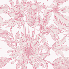 Obraz premium Seamless pattern of gerbera, clematis flowers for fabric design. Luxurious line art of spring flowers. 