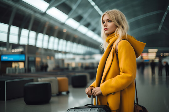 Airport Terminal: Traveling Caucasian Woman Waiting at Flight Gates for Plane Boarding