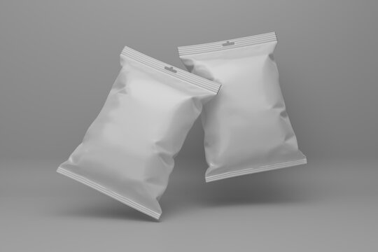 3d Chips bag mock up isolated on white background. chips of crackers packaging tilted with shadow render