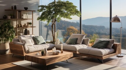 Fototapeta na wymiar Natural minimalist interior on mountains, wood and armchair landscape background