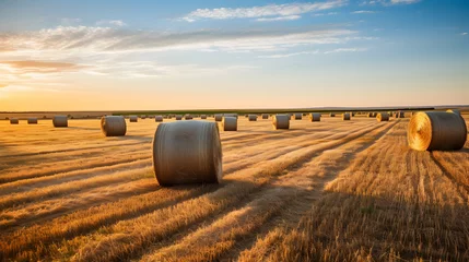 Photo sur Plexiglas Prairie, marais Depict a vast hay field stretching out towards the horizon, punctuated with round bales of straw freshly rolled up.
