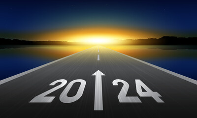 2024 New Year Background Design. Text 2024 written on the road in the middle of asphalt road at sunrise.