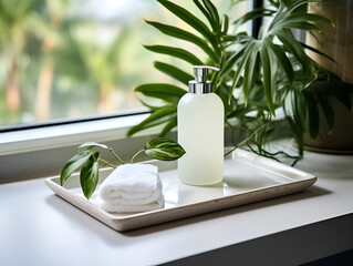 White bathroom tray with mock up dispenser bottles and towel on a table, spa cosmetic products concept