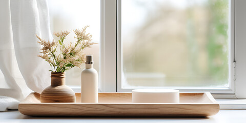 Mock up of wooden bathroom tray with cosmetic bottles and decoration on a table, spa cosmetic products presentation