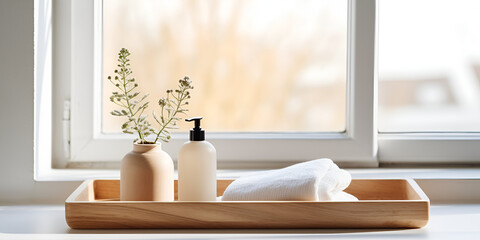 Fototapeta premium Wooden bathroom tray with mock up dispenser bottles and towel on a table, spa cosmetic products concept