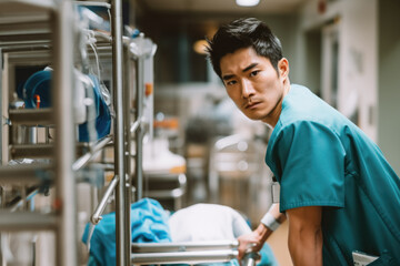 Male nurse in a tense situation at the hospital, looking concentrated and concerned