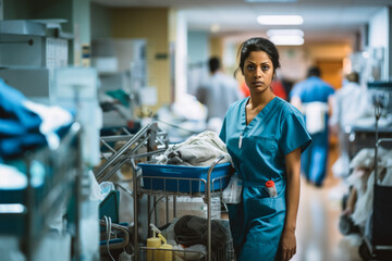 Female nurse in a tense situation at the hospital, looking concentrated and concerned